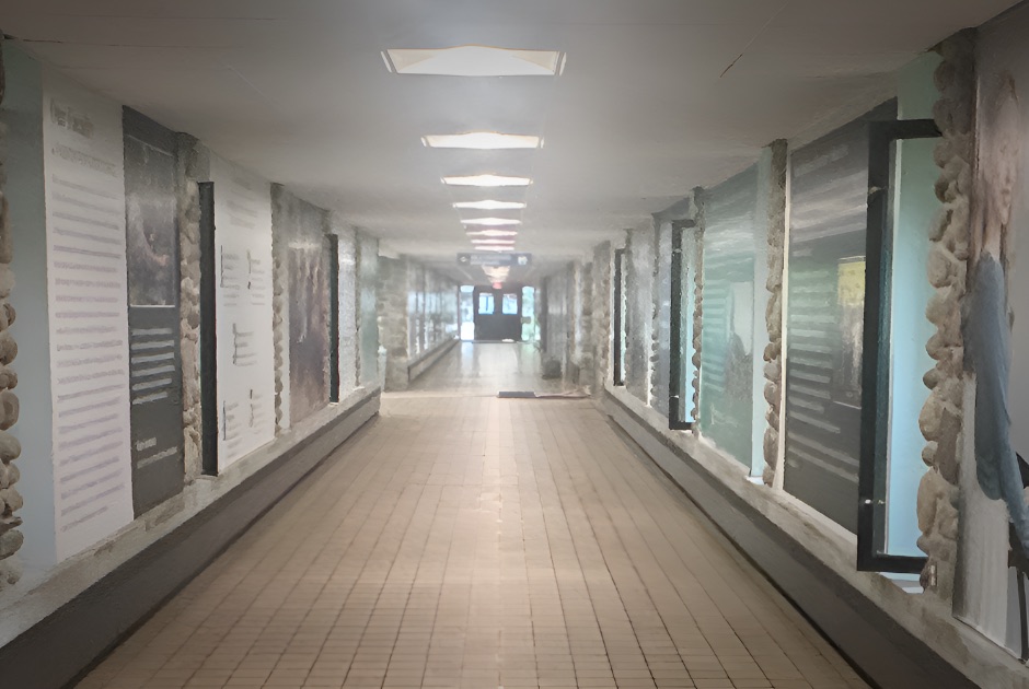An empty stone-walled corridor lined with display cases at Interlochen Arts Academy