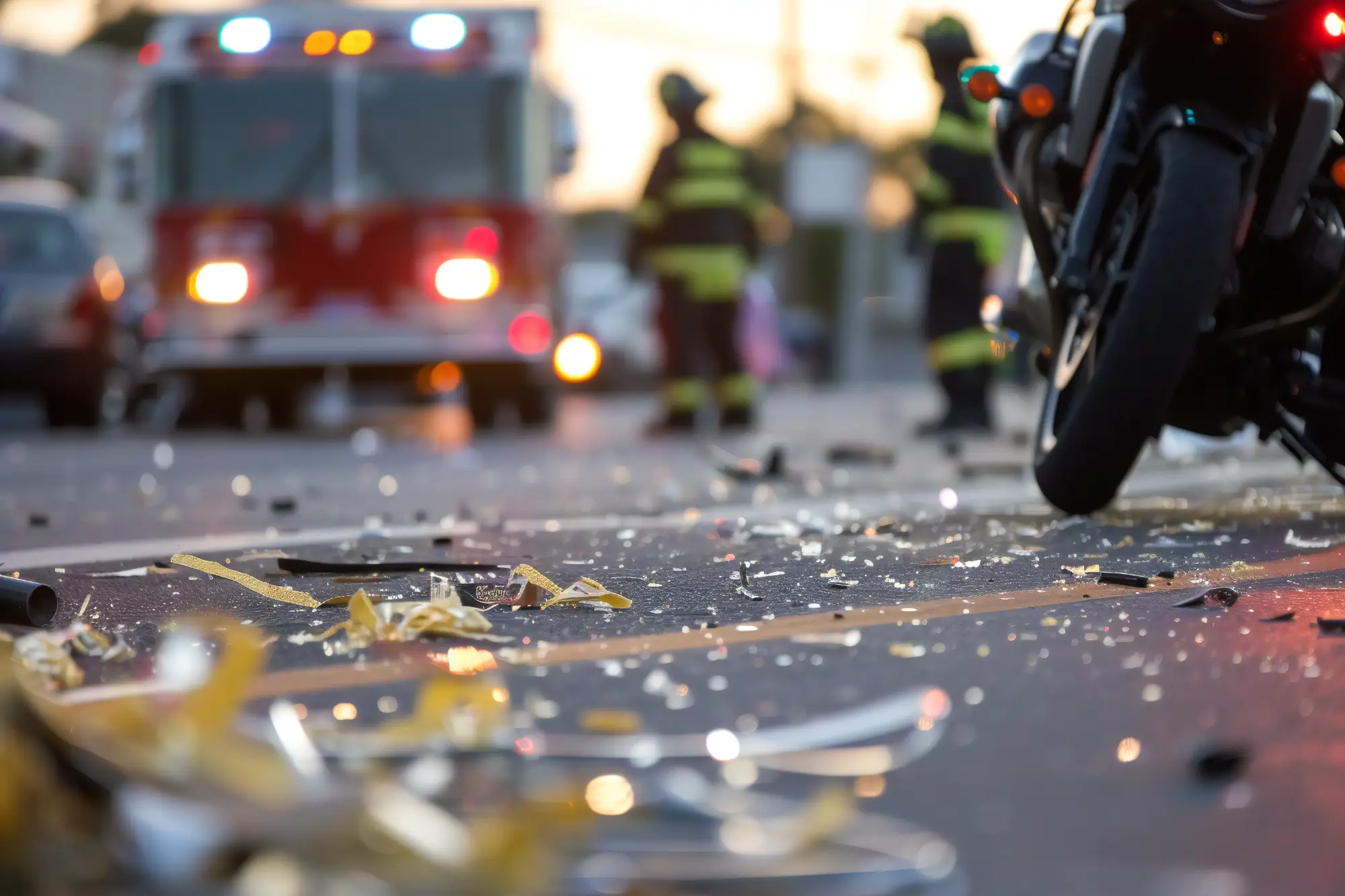 Debris covers an asphalt street with a motorcycle tire visible on the right. Two blurred firefighters and a fire truck with flashing lights stand in the background at the scene of an accident.