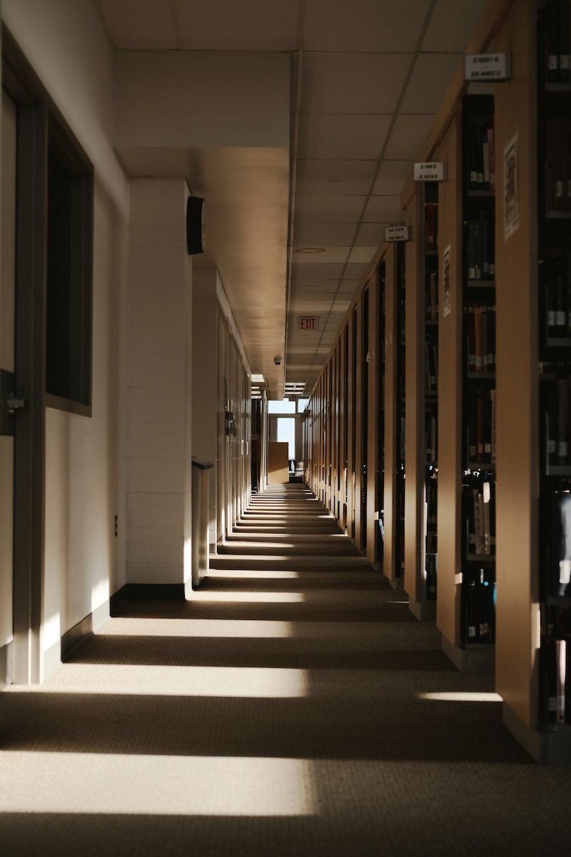 A long library hallway featuring strong diagonal sunlight illuminating stripes of light and shadow on the carpeted floor, leading to a bright exit in the distance.