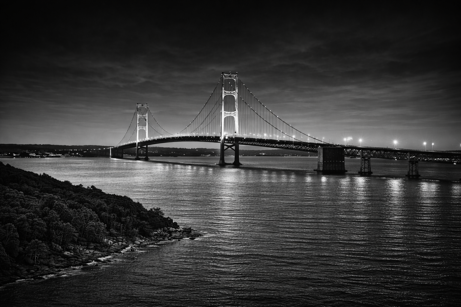 A striking black and white photo of the Mackinac Bridge spanning dark waters at night, with the towers brightly illuminated, casting reflections on the rippling surface.
