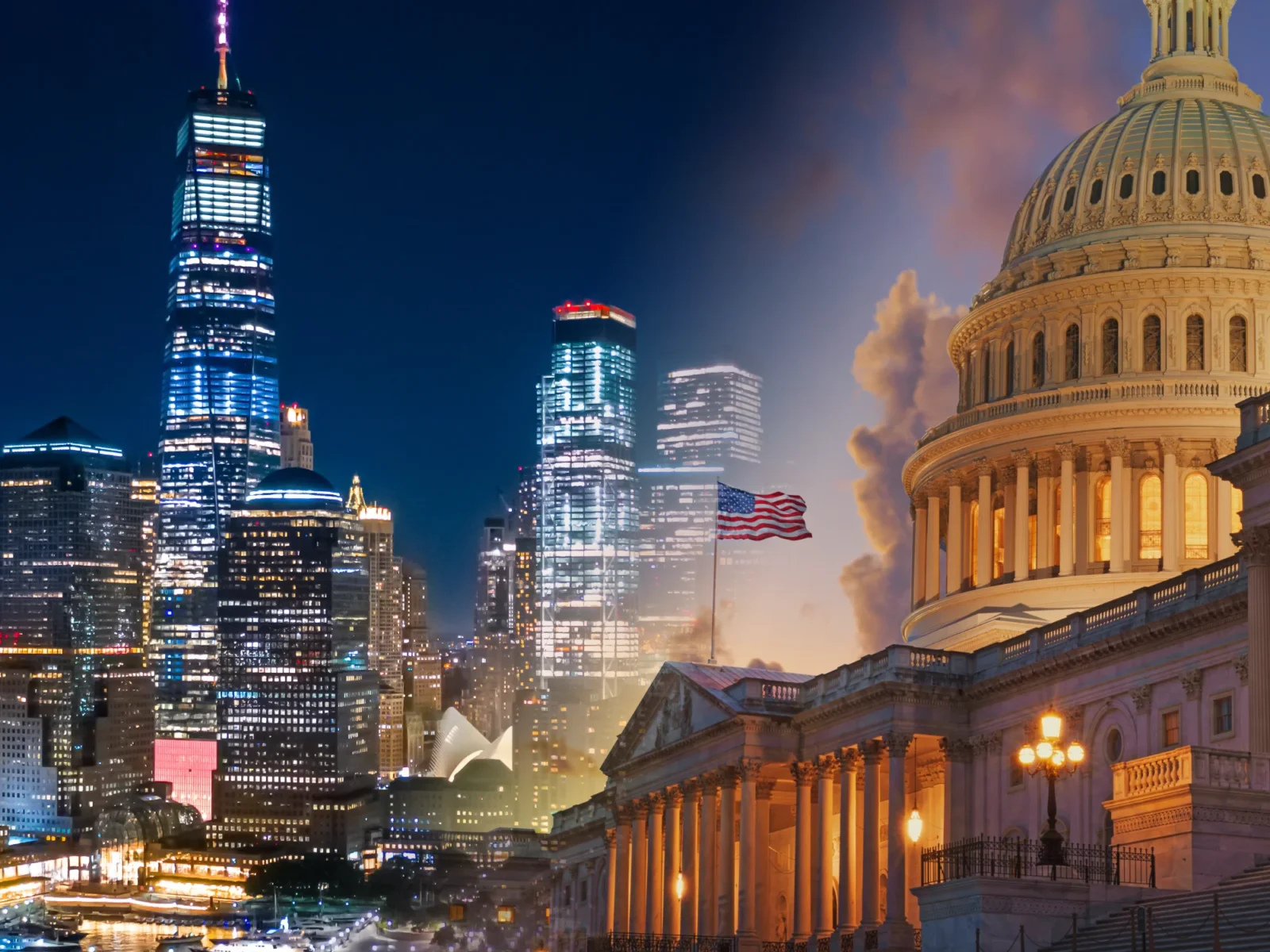 A composite image merging the brightly lit New York City skyline at night with the illuminated dome of the US Capitol Building at dusk. An American flag is centered between them.