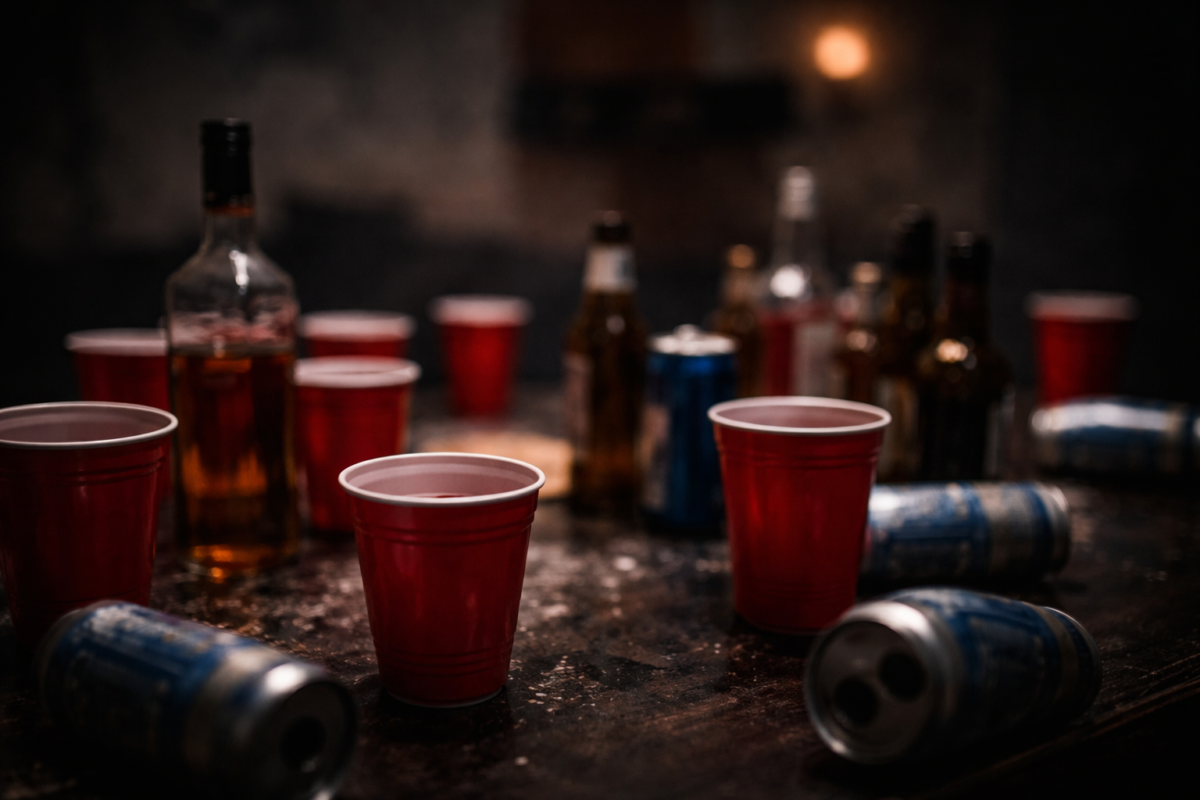 A dark, low-light image shows a table covered in numerous red plastic cups, several liquor bottles, and scattered aluminum beverage cans, suggesting a party setting.