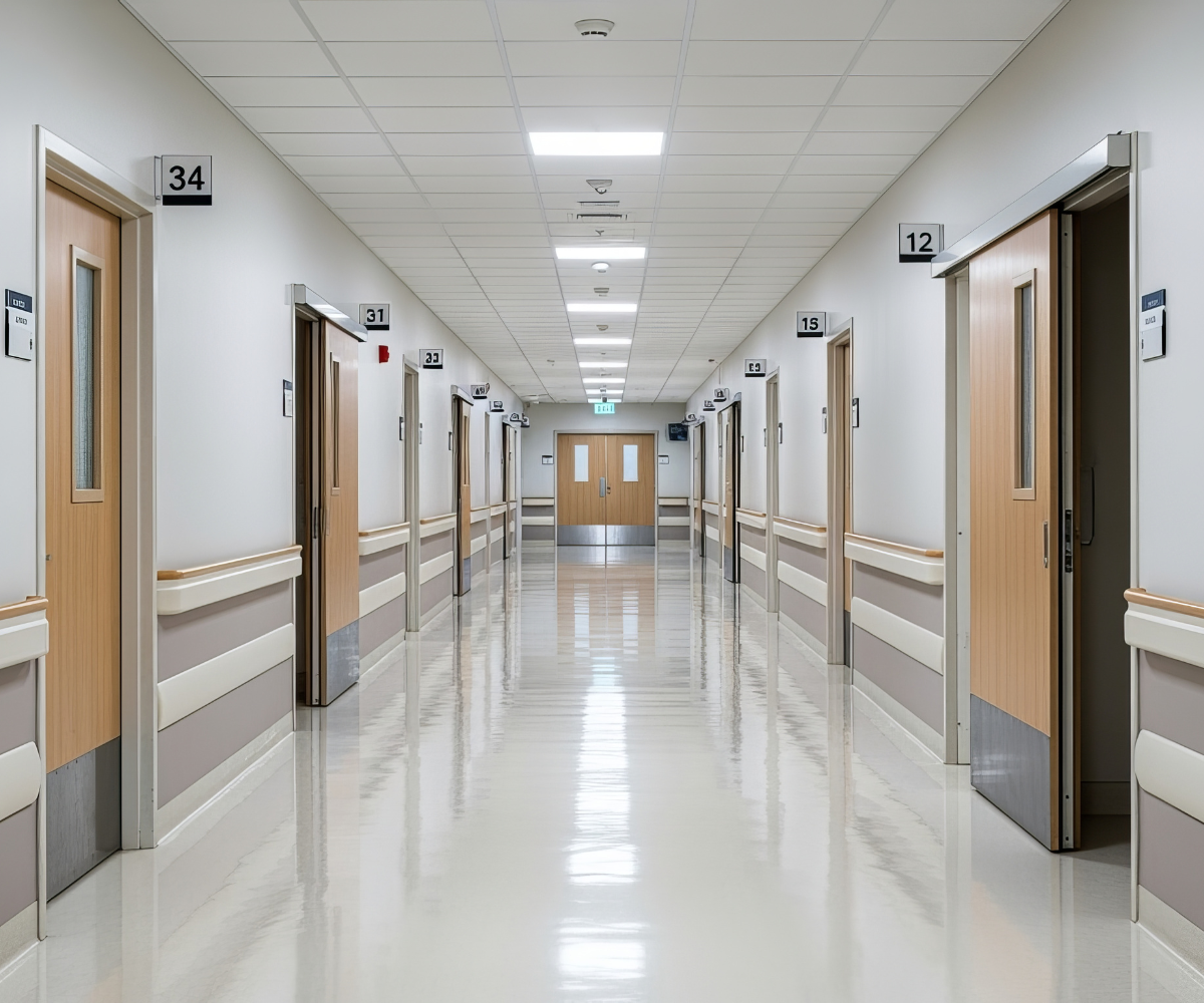 A brightly lit, modern hospital corridor features a highly polished floor reflecting overhead lights. Numbered wooden doors line both walls of the long, empty hallway.