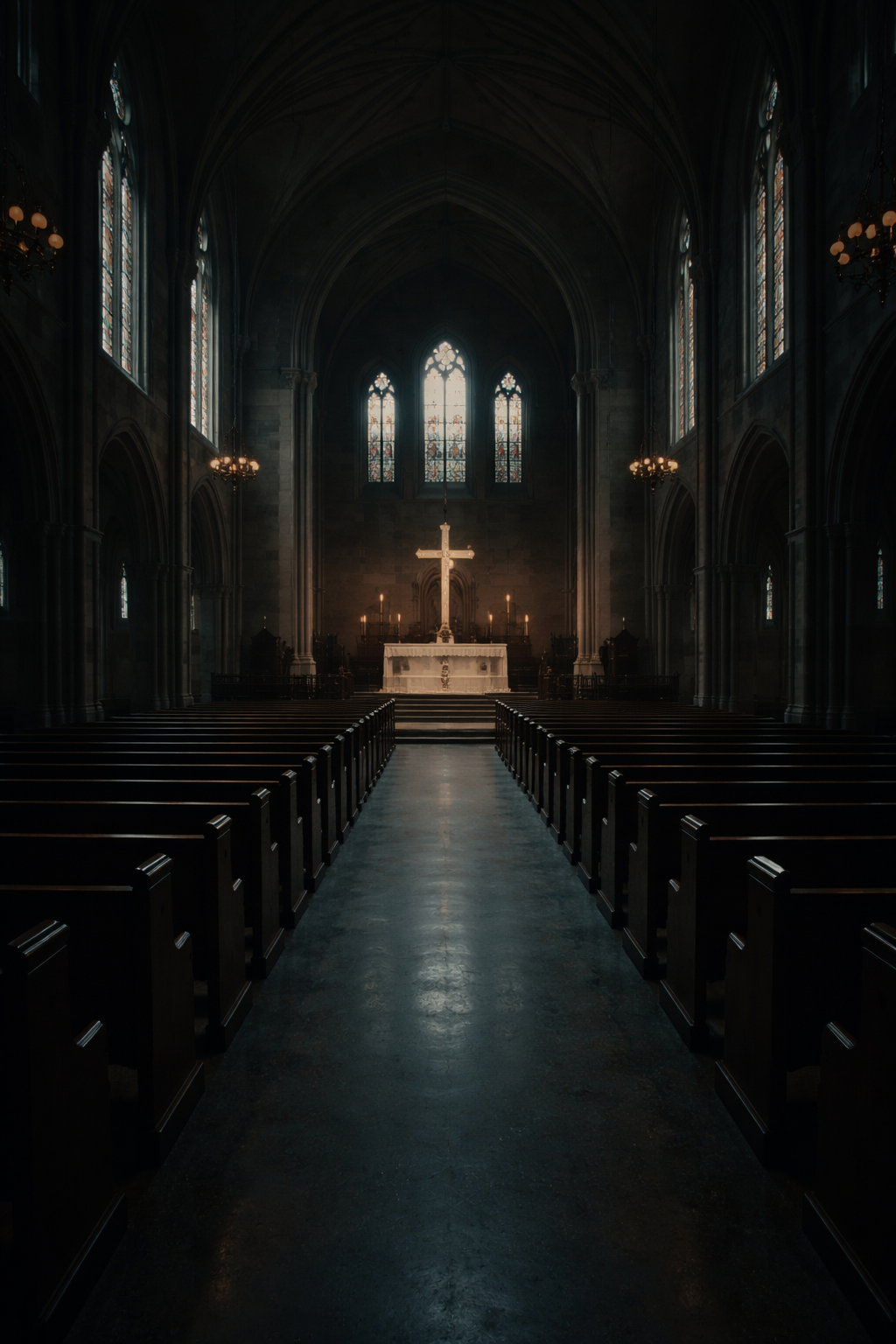 A view down the dark central aisle of a church, lined with wooden pews, leading to a brightly illuminated altar featuring a large white cross and several candles.