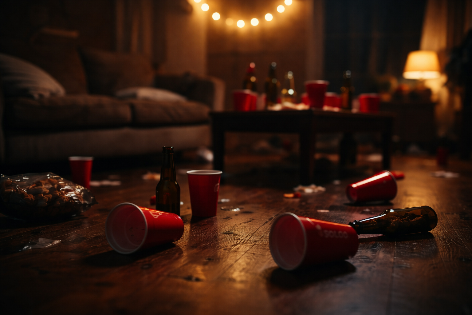A dark wooden floor strewn with overturned red cups and beer bottles after a social event. Warm string lights hang over a couch in the background.