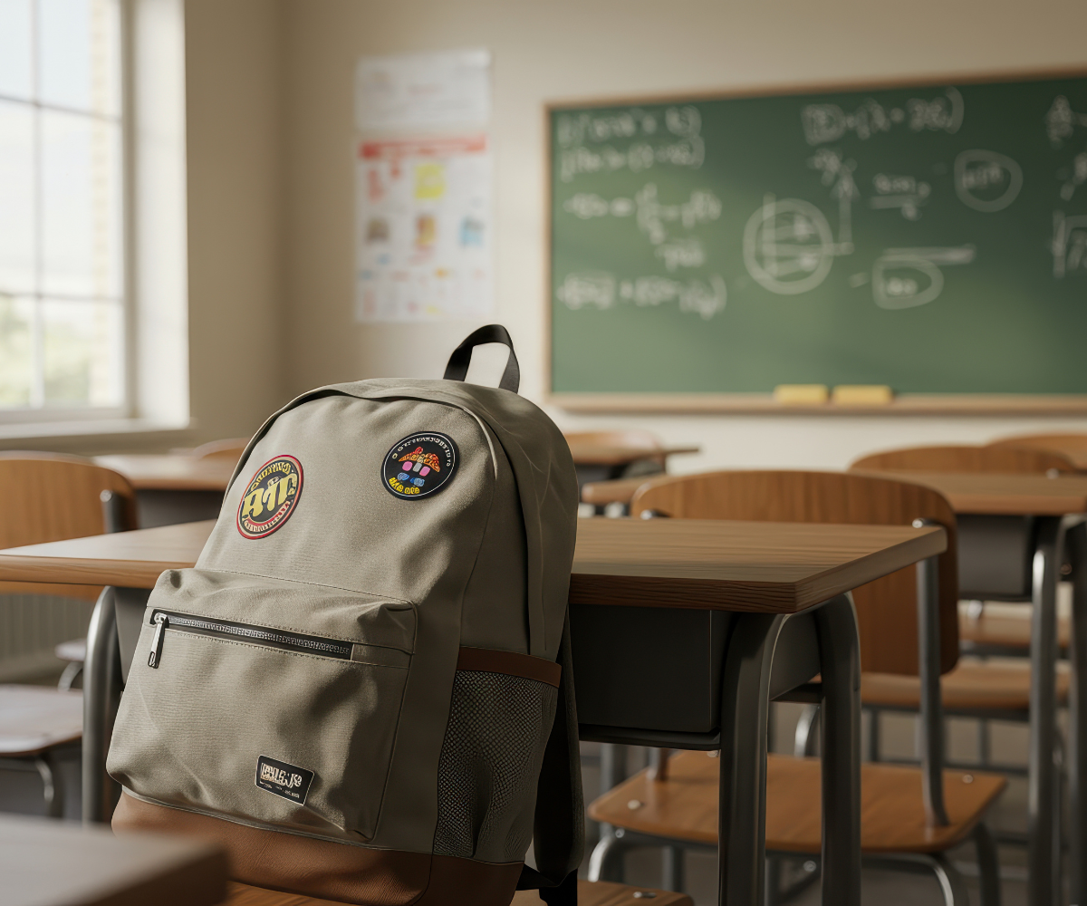 A student's khaki backpack sits on a desk in an empty classroom, featuring a chalkboard covered in complex mathematical equations.