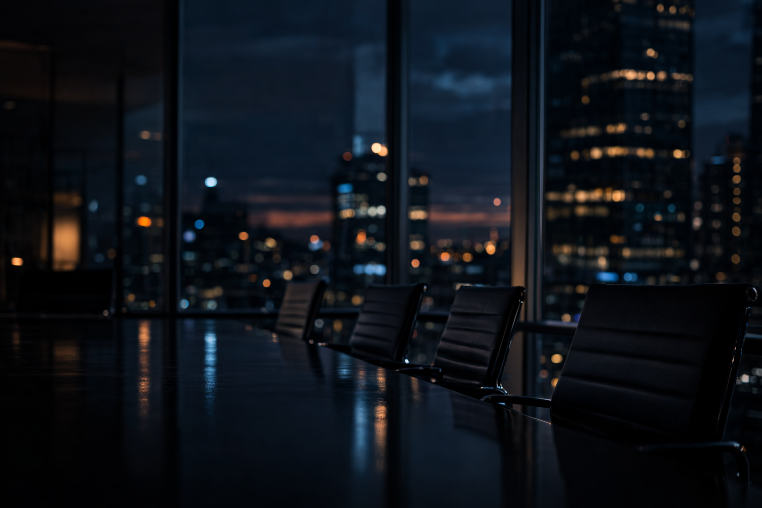 A dark conference room featuring a long, glossy table and a row of black leather chairs, overlooking a brightly lit city skyline at night.