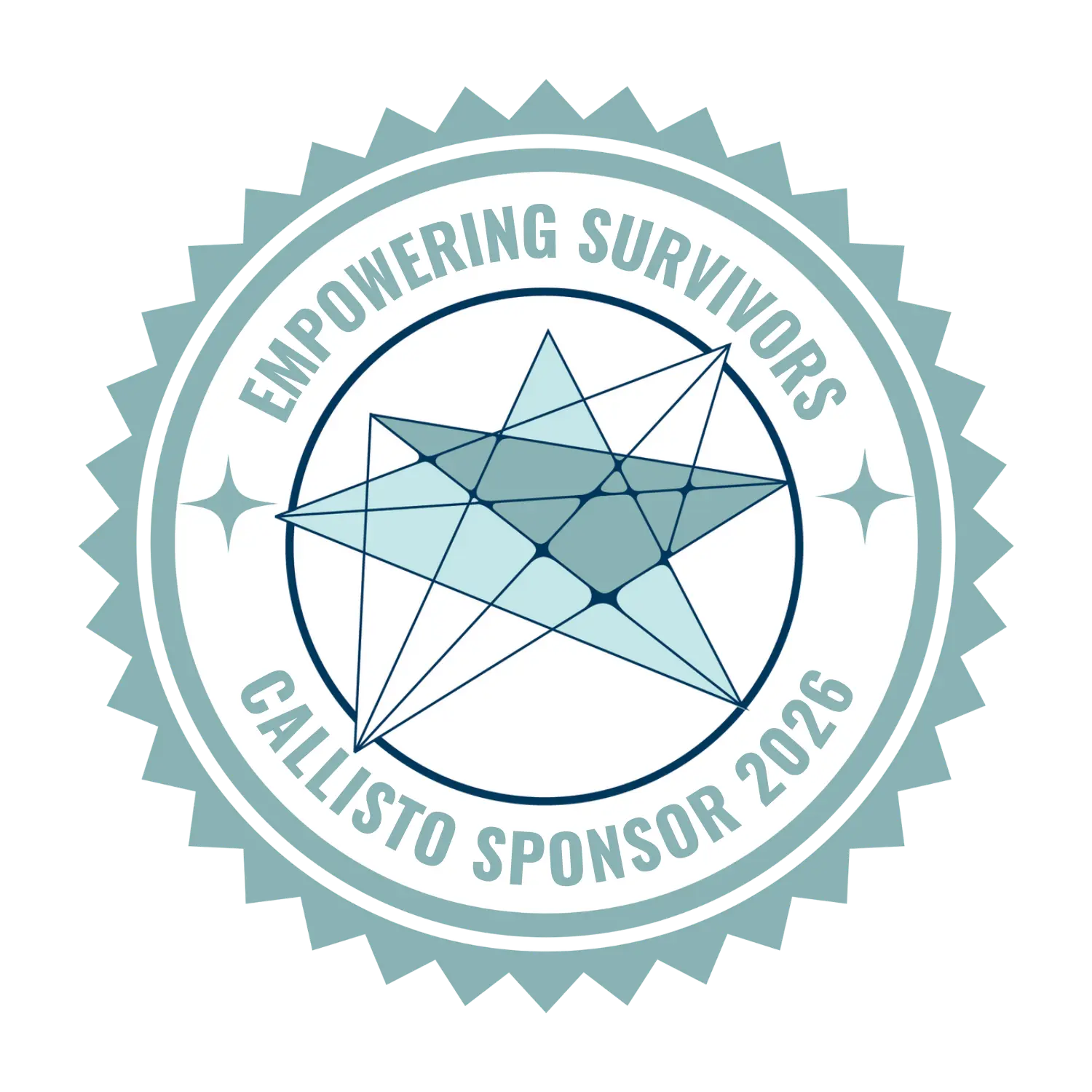 A circular teal and blue sponsor seal featuring a geometric star. Text reads "EMPOWERING SURVIVORS" and "CALLISTO SPONSOR 2026."