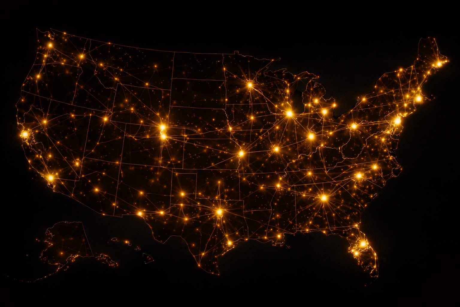 A stylized network map of the United States showing bright, glowing nodes connected by lines, illustrating geographical reach and case coverage across major cities.