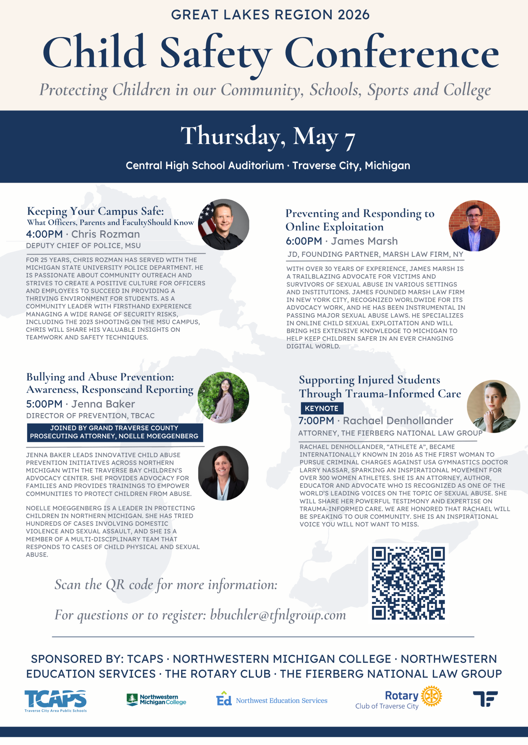 A poster advertising the Child Safety Conference with the title "Protecting Children" and five circular headshots of the featured speakers discussing safety, abuse prevention, and trauma-informed care.