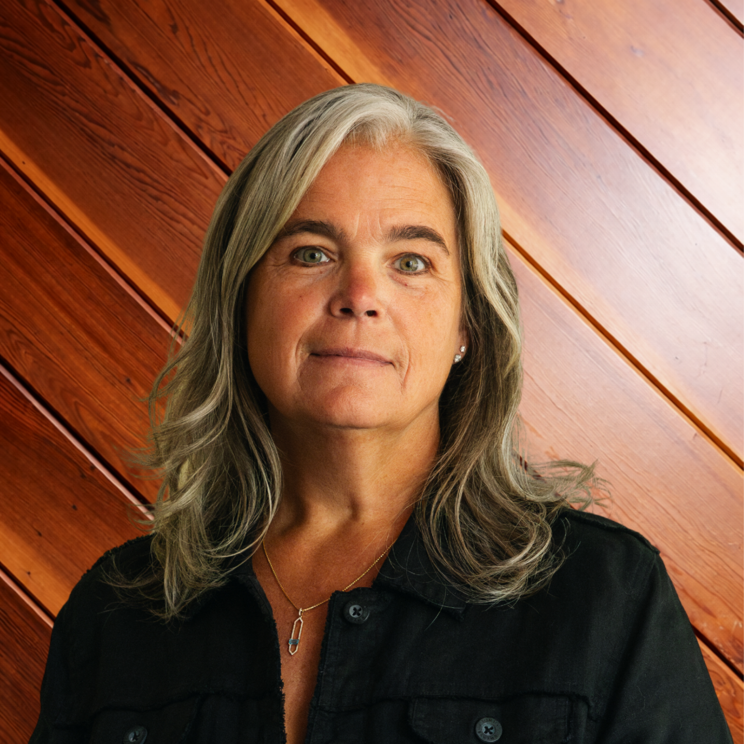 Chris Dejong smiles warmly. She has long gray hair and wears a dark shirt against the backdrop of a wooden bookshelf.