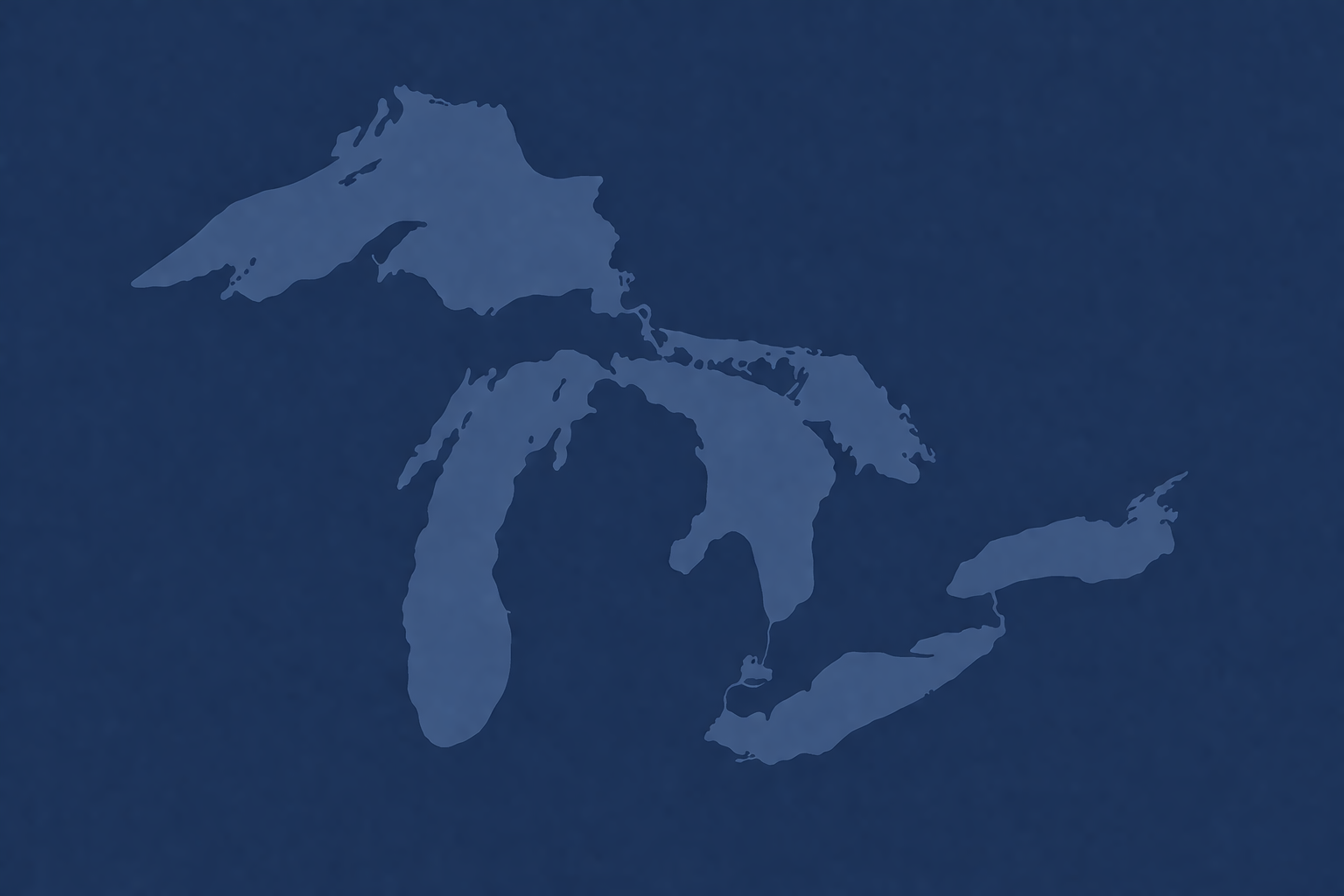 A deep blue graphic featuring the silhouettes of the five Great Lakes, conveying a regional focus.