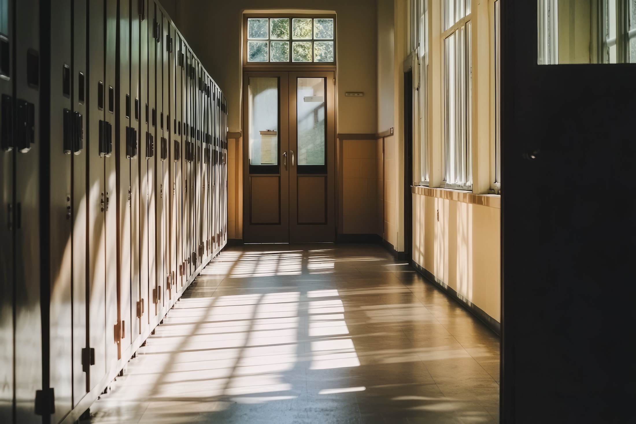 A long hallway lined with gray lockers on the left. Sunlight streams through windows and glass double doors at the end, creating dramatic shadows on the floor.