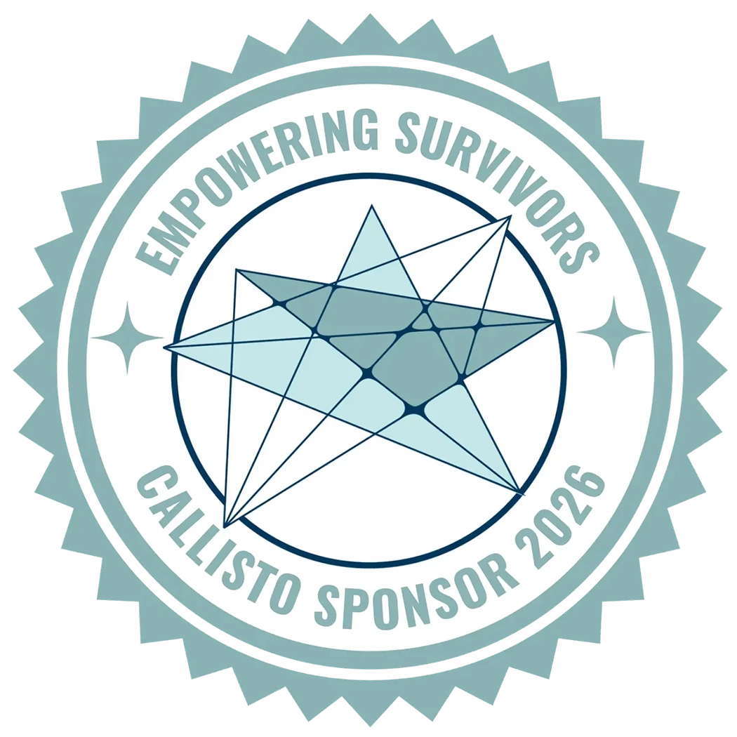 A circular blue and white sponsor badge with a serrated edge. It features a geometric, faceted star in the center. Text reads: "EMPOWERING SURVIVORS" and "CALLISTO SPONSOR 2026."