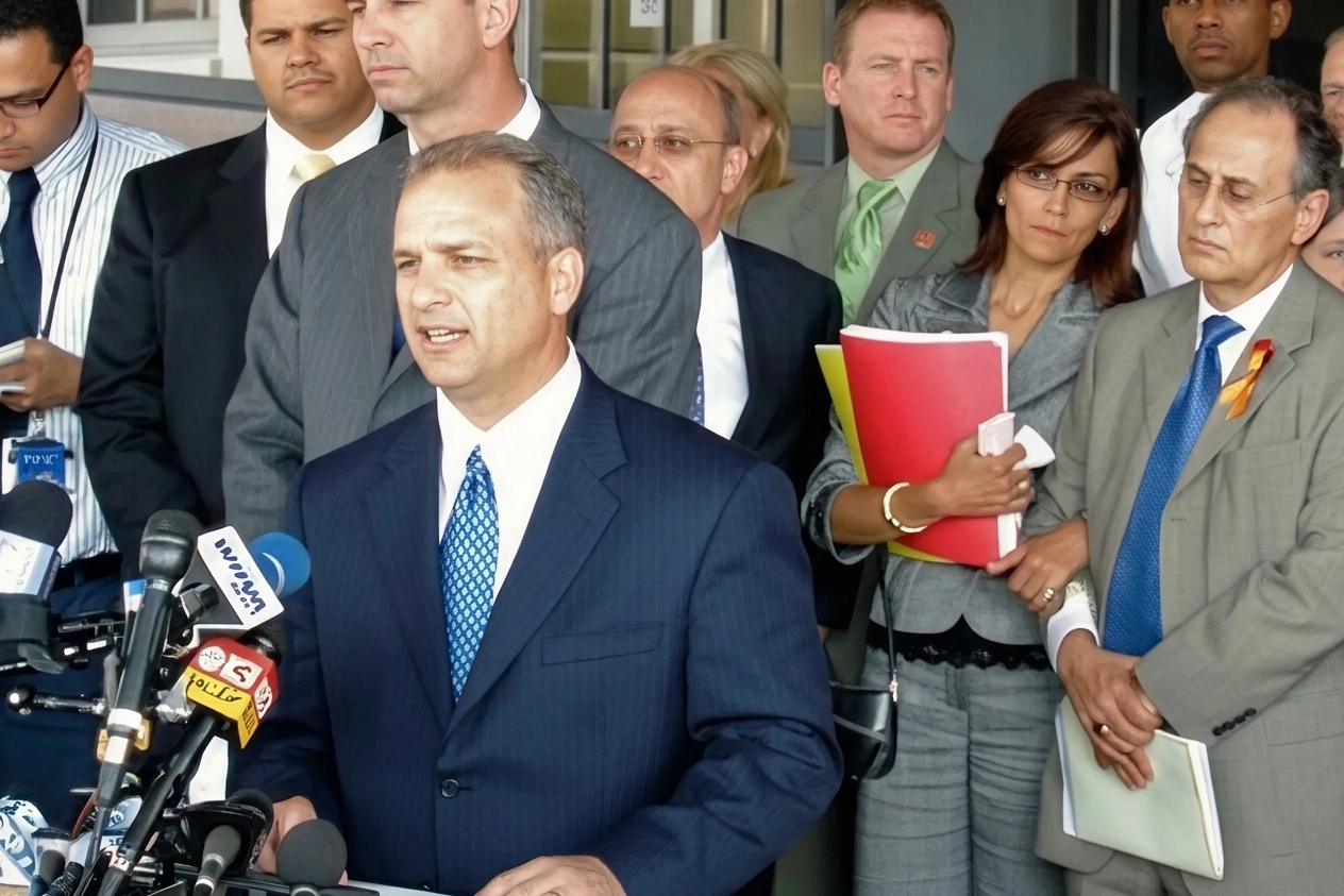 Attorney Doug Fierberg, wearing a blue suit, addresses reporters at a podium with several microphones. His serious colleagues stand behind him in a display of support.