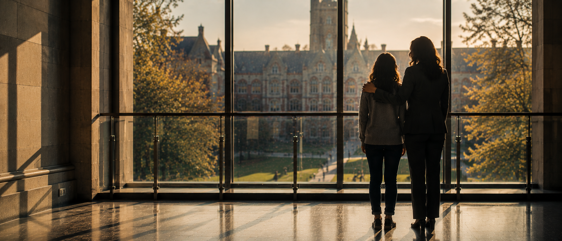 A person in a suit stands with their arm around the shoulder of another, looking out a large window at a historic university campus building at sunset.