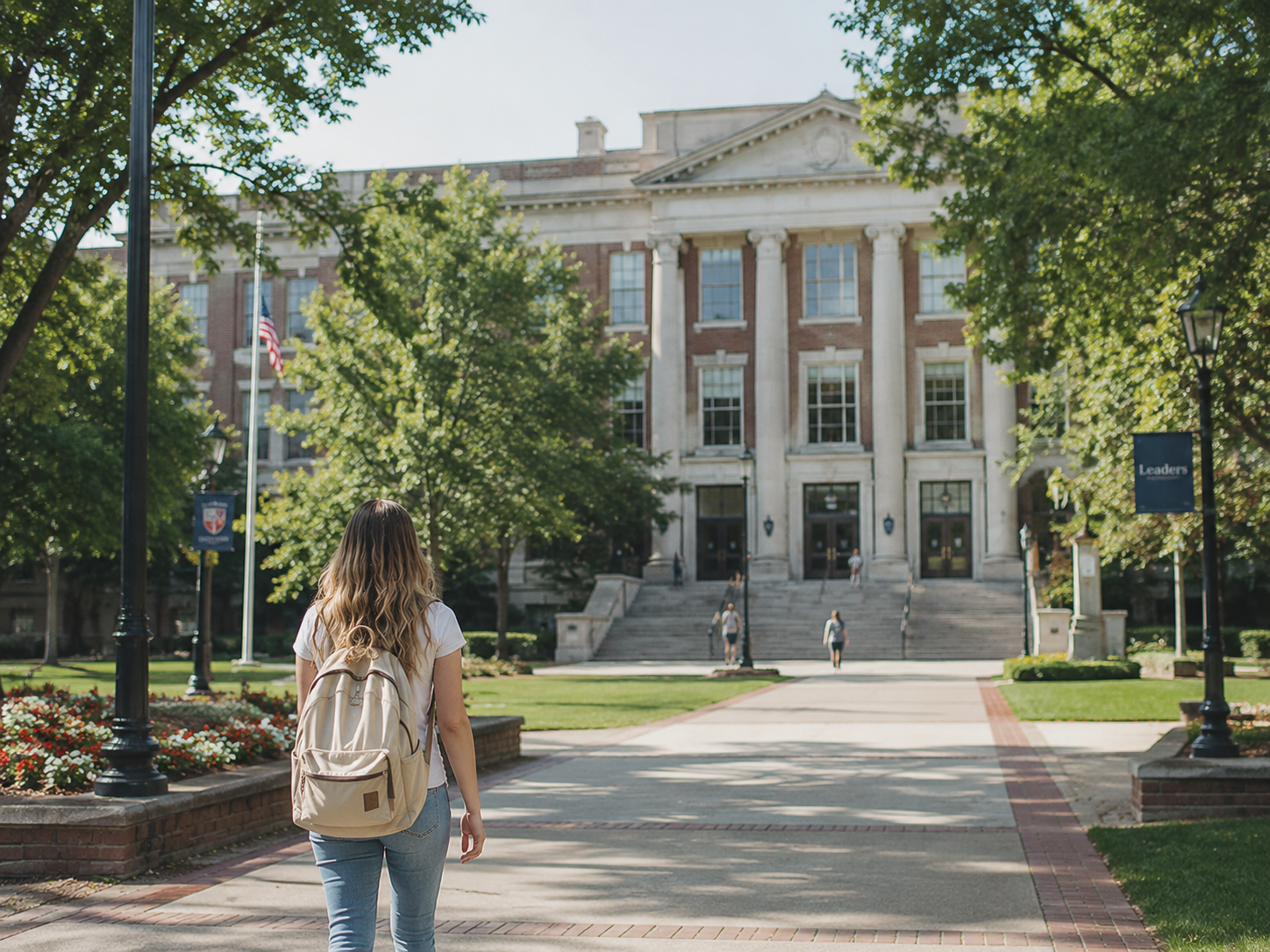 A woman with a tan backpack walks on a path toward a large brick building with white columns and a grand staircase on a sunny day.