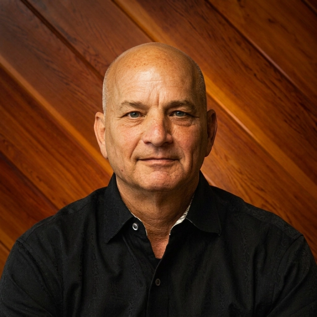 Doug Fierberg, an attorney in a black shirt stands confidently, leaning on a wooden counter with striking diagonal wood paneling behind him.